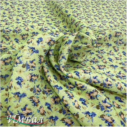 Лён стрейч плательно-рубашечный мелкие цветочки на золотисто-лаймовом фоне