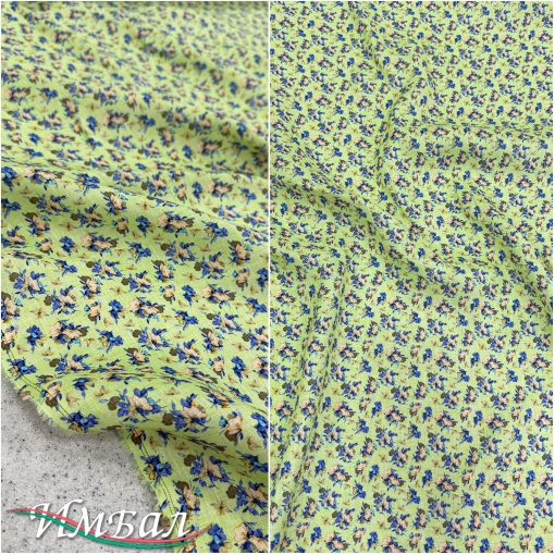 Лён стрейч плательно-рубашечный мелкие цветочки на золотисто-лаймовом фоне