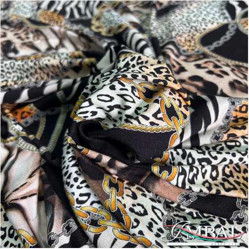 Трикотаж вискозный стрейч дизайн Roberto Cavalli леопард, зебра и цепочки