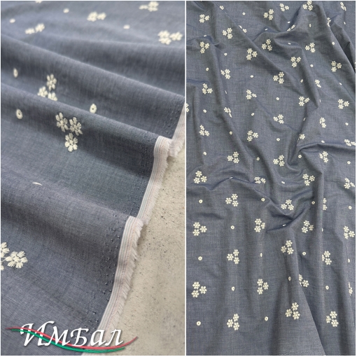 Ткань рубашечная хлопок со льном Blumarine вышивка на серо-голубом фоне