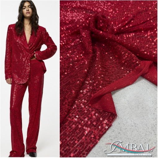 Пайетки мелкие на сетке бистрейч ярко-красного цвета