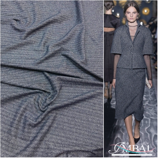 Твид костюмно-плательный стрейч PRADA мелкая синяя "елочка"