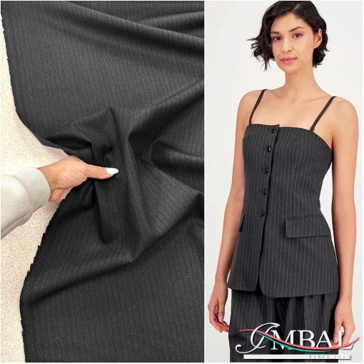 Ткань костюмная шерстяная стрейч Sportmax продольные черно-серые полоски 