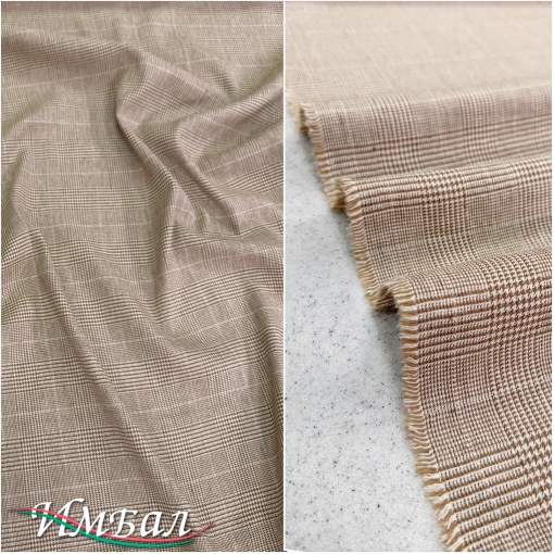 Лен костюмно-плательный дизайн Sportmax клетка пье-де-пуль бежево-песочного цвета