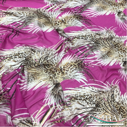 Муслин вискоза с шелком дизайн Just Cavalli перья на розовом фоне