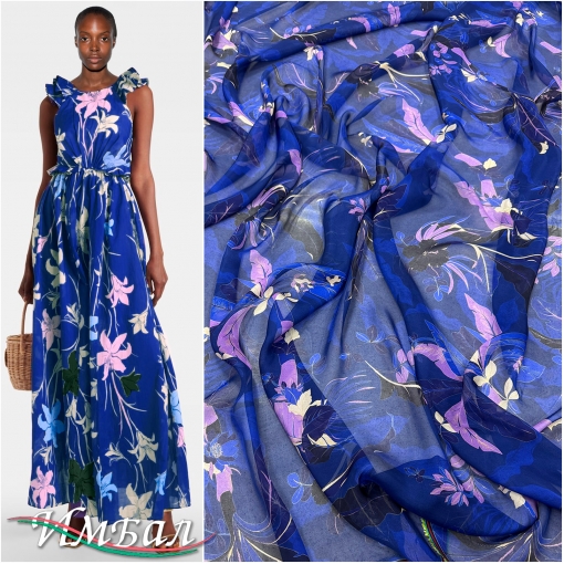 Муслин вискоза с шелком дизайн Max Mara листья на ярко-синем фоне