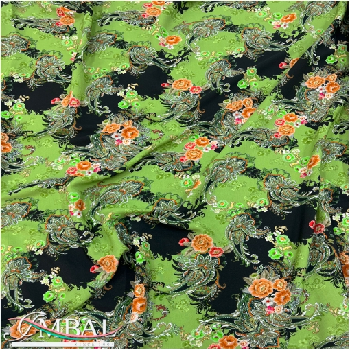 Вискоза стрейч плательная принт ETRO пейсли и цветы в черно-зеленых тонах