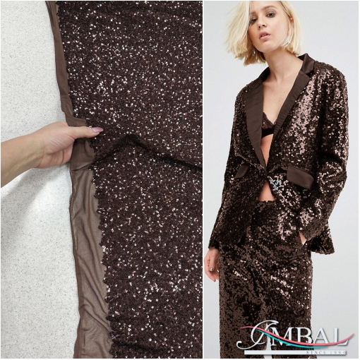 Пайетки мелкие на сетке бистрейч шоколадного цвета