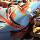 Шелк атлас принт Burberry цветы на пыльно-голубом фоне
