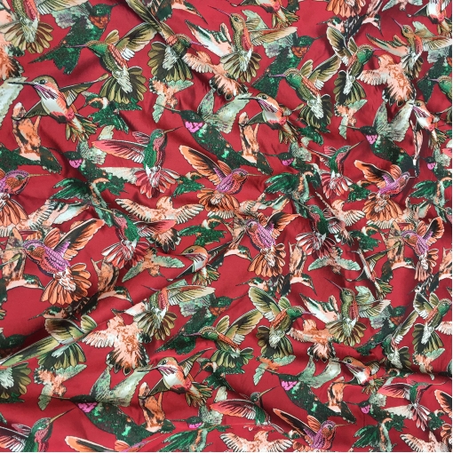 Жаккард нарядный дизайн Pinko колибри на красном фоне