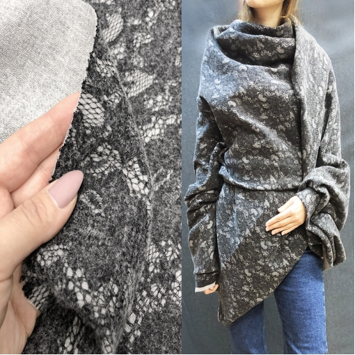 Ткань костюмно-пальтовая Armani двойная с кружевным плетением средне-серого цвета 