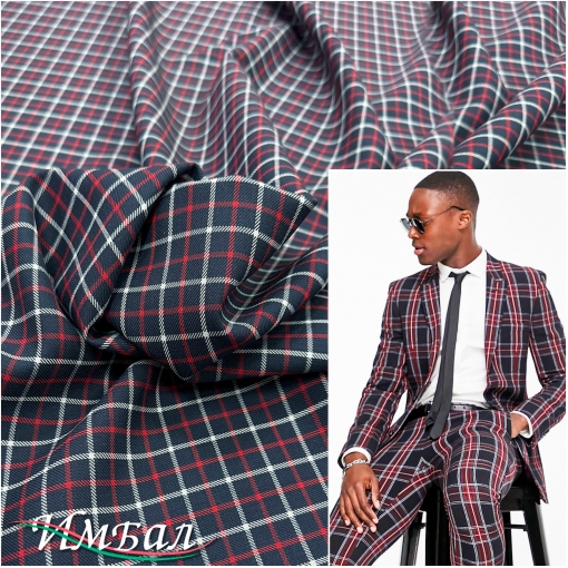 Ткань костюмная шерстяная стрейч PRADA правильная клетка на синем фоне