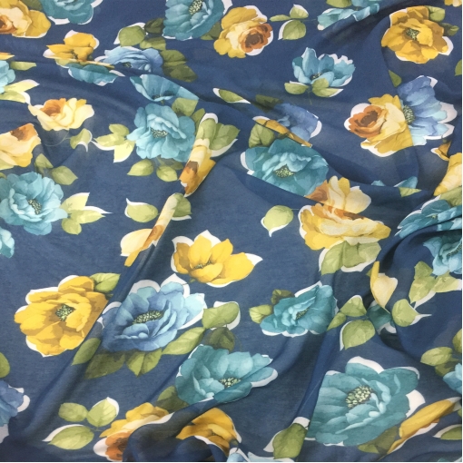 Лен марлевка принт Blumarine голубые и желтые цветы на синем фоне