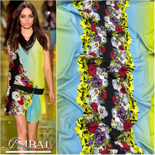 Вискоза плотная плательная принт Versace продольный цветочный купон с эластаном