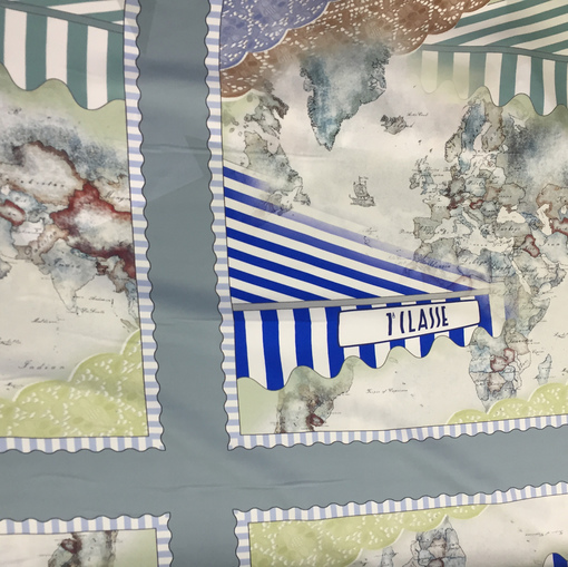 Шёлк платки "Карты" на бежевом фоне синие полосы