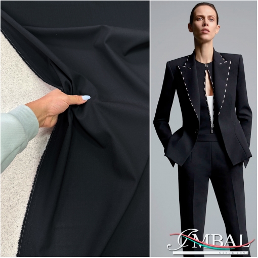Ткань костюмно-плательная шерстяная стрейч PRADA черного цвета с синим подтоном 