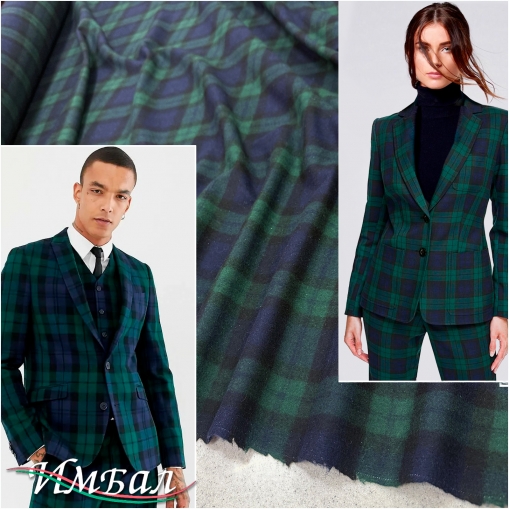 Ткань костюмная фланелевая стрейч дизайн Cristian Dior зелено-синяя клетка