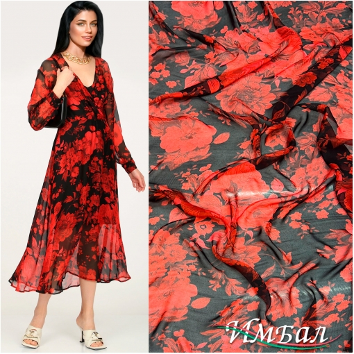 Муслин вискоза с шелком пионы на черном фоне