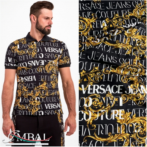 Трикотаж хлопковый стрейч дизайн Versace Jeans Couture крупные буквы и вензеля на черном фоне 