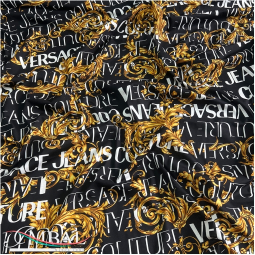 Трикотаж хлопковый стрейч дизайн Versace Jeans Couture крупные буквы и вензеля на черном фоне 