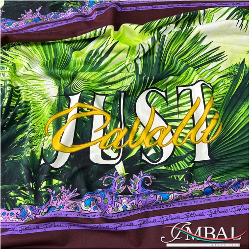 Футер хлопковый дизайн Just Cavalli купон с тропической флорой на сиреневом фоне