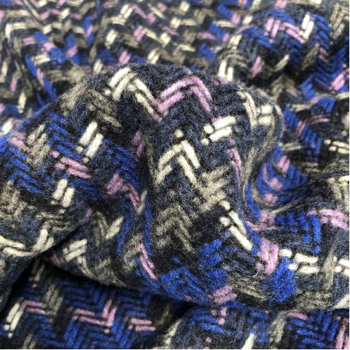Ткань пальтовая плетеная Chanel зигзаги и клетка в серо-синих тонах