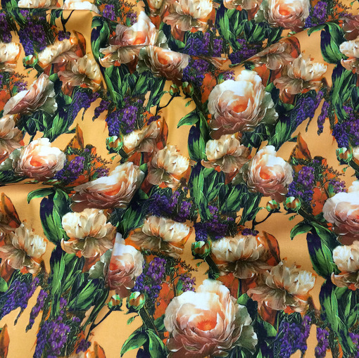 Хлопок стрейч принт Celine цветы на персиковом фоне