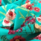 Хлопок со льном костюмный под рогожку принт Gucci цветы на зелено-бирюзовом фоне