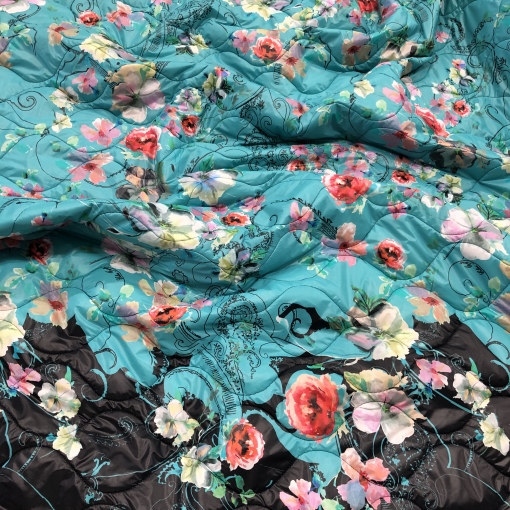 Ткань курточная стеганная принт Elisa Fanti продольный купон цветы на ярко-бирюзовом фоне