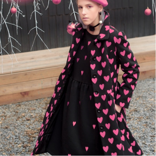 Ткань пальтовая двухсторонняя Moschino черно-розовая с сердечками