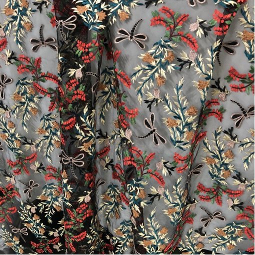 Кружево нарядное на сетке дизайн Gucci стрейч цветы и стрекозы