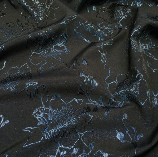Жаккард нарядный стрейч черно-синие цветы 