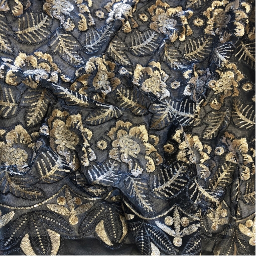 Кружево на сетке дизайн Zahar Murad вышивка пайетками в золотисто-черной гамме