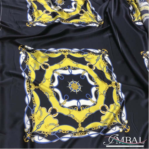 Шелк атласный платки черно-синие с золотом, цепями и якорями