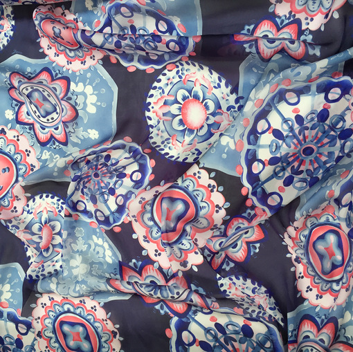 Шелк креповый принт  абстрактный рисунок в сине-розовой гамме