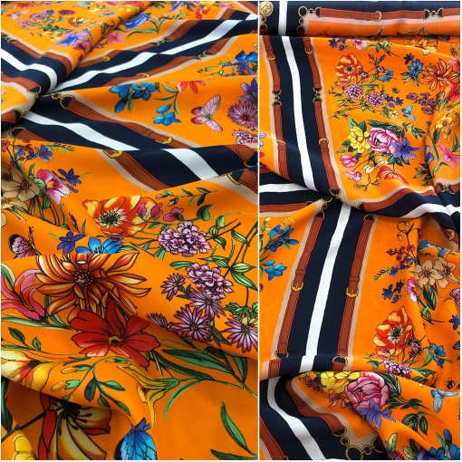 Шелк креповый дизайн Seventy платок цветы, ремни и бабочки на апельсиновом фоне