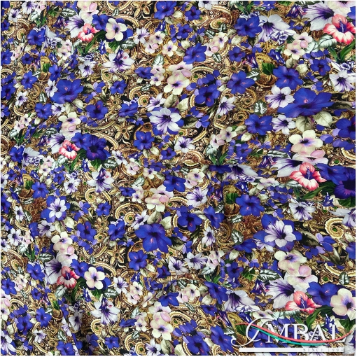 Шелк легкий атласный дизайн Aspesi цветы и вензеля в фиолетовых тонах