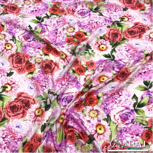 Шёлк атласный легкий принт Blumarine цветы в розово-сиреневых тонах