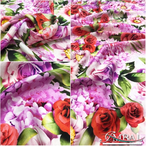 Шёлк атласный легкий принт Blumarine цветы в розово-сиреневых тонах
