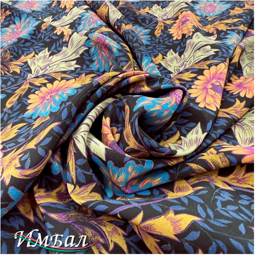 Шелк стрейч крепдешин дизайн Kenzo сине-охристые пионы на черном фоне