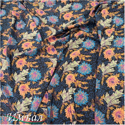 Шелк стрейч крепдешин дизайн Kenzo сине-охристые пионы на черном фоне