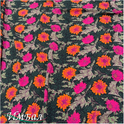 Шелк стрейч крепдешин дизайн Kenzo розово-оранжевые пионы на черном фоне