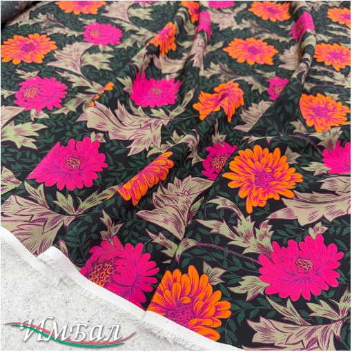 Шелк стрейч крепдешин дизайн Kenzo розово-оранжевые пионы на черном фоне