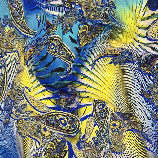 Шелк атлас Elisa Fanti стрейч абстрактные огурцы на голубом фоне