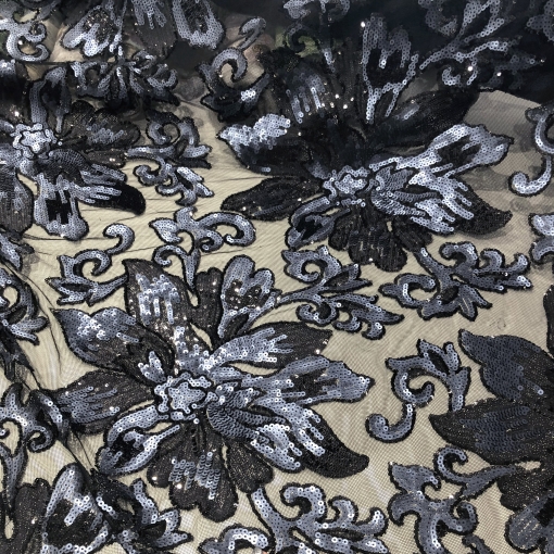 Кружево на сетке дизайн Elie Saab вышивка пайетками в черно-синих тонах