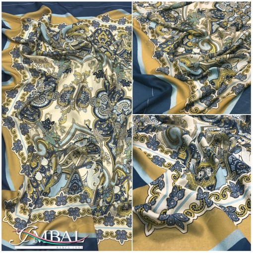 Шелк матовый полупрозрачный принт ETRO платок в сине-горчичных тонах