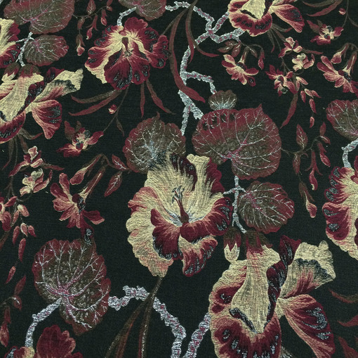 Жаккард костюмно-пальтовый черно-бордовый растительный принт