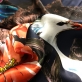 Шелк атласный принт Gucci купон птица на ветвях на синем фоне