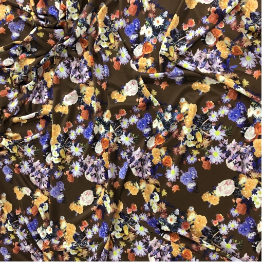 Трикотаж шелковый принт Pierre Cardin цветочная поляна на шоколадном фоне