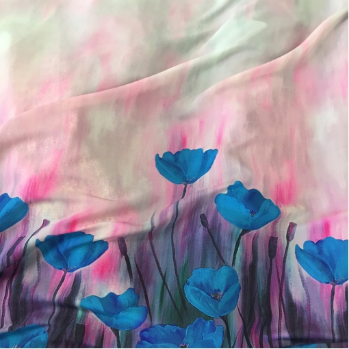 Шелк креп стрейч Celine акварельный купон на розово-голубом фоне